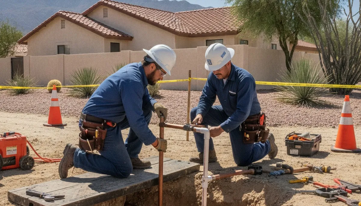 Palm Springs, CA plumbing repair technician servicing a residential pipe leak