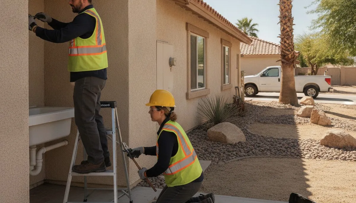 Plumbing repair technician in Palm Springs, CA servicing residential pipes and fixtures